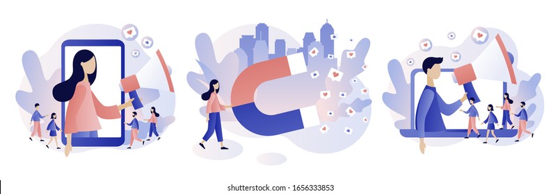 Social media influencer. Key Opinion Leader. Influencer marketing. Tiny people with megaphone and big magnet influencing audiences. Modern flat cartoon style. Vector illustration on white background