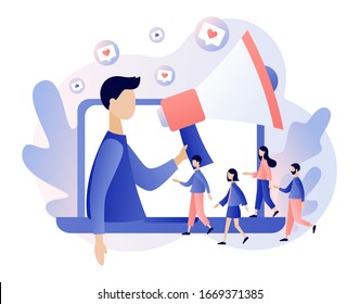 Social media influencer. Key Opinion Leader. Blogger man with megaphone and Tiny people followers. Influencing audiences. SMM. Modern flat cartoon style. Vector illustration on white background