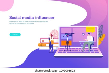Social media influencer live for webinar vector illustration concept, girl streaming webinar with smartphone and laptop, 
suiteable, landing page, template, ui, web, mobile app, poster, banner, flyer