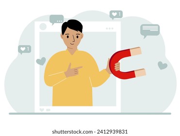 Social media influencer. A man holds a magnet in a social profile frame. Various icons.