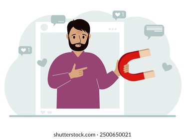 Influencer de medios sociales. Un hombre sostiene un imán en un marco de perfil social. Varios iconos. Ilustración plana de Vector