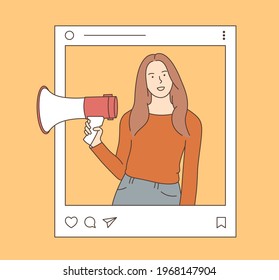 Social media influencer marketing and blogger concept. Young beautiful woman shouting in loud speaker with social media icons. Influence blogger, digital smm, web marketing online