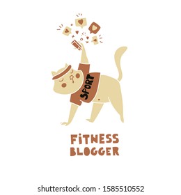 Social media influencer, opinion leader. Kawaii cat fitness blogger taking selfie and promoting products to the followers and potential buyers while exercising. Cute doodle vector illustration