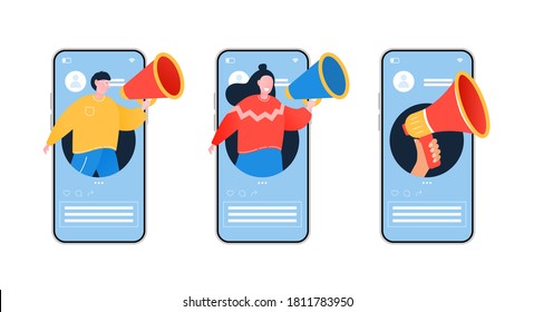 Social media influencer. Referral program, referral marketing, referring friends. Vector illustration.