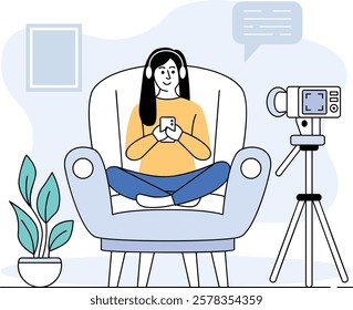 Social Media influencer Sitting on Armchair concept, actor celebrity on air vector design Podcast slice of life journalism scene, Web television series banner vodcast audio blogging stock illustration