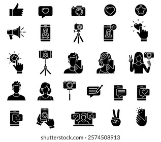 Social media influencer themes icon set, including likes, cameras, smartphones, and people taking selfies or recording content.