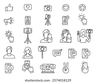 Social media influencer themes line icon set, including likes, cameras, smartphones, and people taking selfies or recording content.