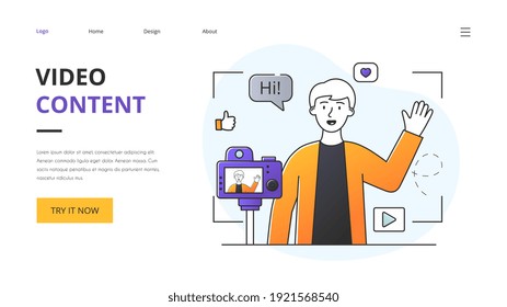 Social Media Influencer or vlogger recording video content on a professional video camera or mobile phone in a website landing page template with copyspace, colored minimal style vector illustration