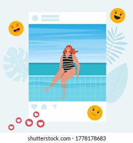 Social media influencer. Woman blogger at summer in the social profile frame. Summer selfie concept. Different social network icons. Flat vector illustration