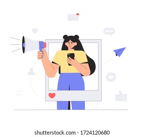 Social media influencer. Woman holding megaphone and a phone in his hands  in the social profile frame. Marketing, SMM banner, social media or network promotion, flyer. Different social network icons.