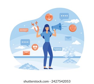 Social media influencer. woman holding megaphone and magnet. Different social media icons. flat vector modern illustration 