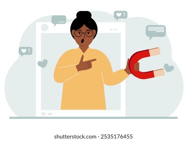 Influencer de medios sociales. Una mujer sostiene un imán en un marco de perfil social. Varios iconos. Ilustración plana de Vector