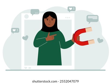 Influencer de medios sociales. Una mujer sostiene un imán en un marco de perfil social. Varios iconos. Ilustración plana de Vector