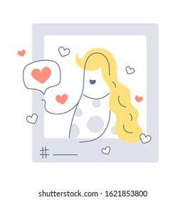 Social media influencer at work, cute cartoon girl posted the photo and it gaining likes. Flat line vector illustration on white background.