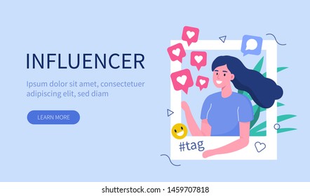 Social Media  Influencer At Work.  Flat  Vector Illustration Isolated On White Background.
