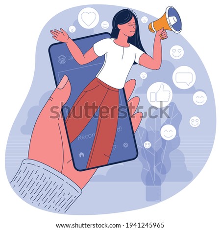 Social media influencer at work. Potential product buyers or consumer, online engagement communication flat design vector concept.