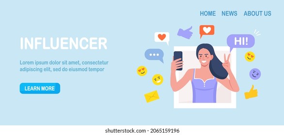 Social media influencer at work. Woman with phone taking picture of herself to be posted online. Social media marketing or network promotion, SMM for actively promote the blog on social networks