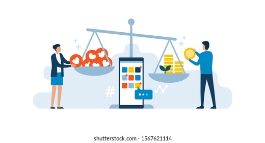 Social media influencers comparing likes and earnings on a scale, social media marketing concept