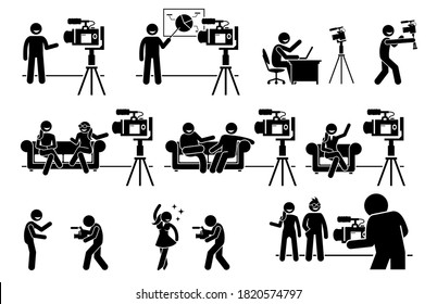Social media influencers and Internet video content creator stick figure pictogram. Vector illustrations of man and woman creating video by talking, explaining, and promoting business and lifestyle.