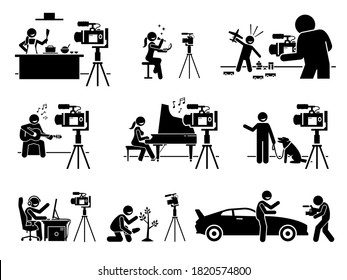 Social media influencers and Internet video content creator stick figure pictogram. Vector illustrations of man and woman creating video by showing their skills, expertise, and by being a reviewer. 