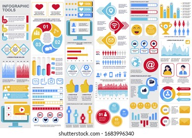 Social media infographic elements set. Social marketing and networking visualization templates bundle. Colorful info graphics diagram, stock and flow charts, line and bar graphs vector illustration.