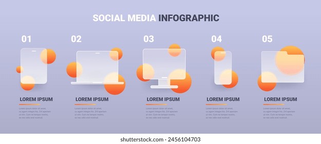 Social media infographic in glass morphism style. Five steps with gadgets icon. Vector illustration