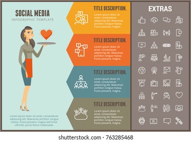 Social media infographic options template, elements and icons. Infograph includes line icon set with network connection, electronic mail, internet technology, organization chart, satellite etc.