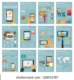 Social Media Infographic set with charts, icons, map, diagrams, other elements. People use smartphone, social networks, camera, looking news, video and picture. Vector illustration, flat modern style.