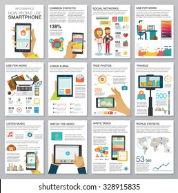 Social Media Infographic set with charts, icons, map, diagrams, other elements. People use smartphone, social networks, camera, looking news, video and picture. Vector illustration, flat modern style.