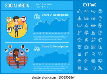Social media infographic template, elements and icons. Infograph includes customizable graphs, charts, line icon set with social media, global network, electronic mail, internet technology etc.