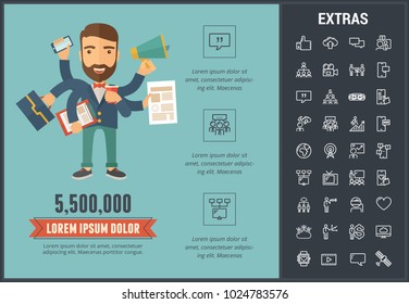 Infografische Vorlage, Elemente und Symbole sozialer Medien. Infograph beinhaltet ein Line Icon Set mit globalen sozialen Medien, Netzwerkverbindung, E-Mail, Internet-Technologie, Organigramm etc.