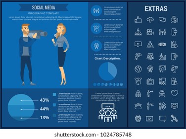 Social media infographic template, elements and icons. Infograph includes customizable graphs, charts, line icon set with social media, global network, electronic mail, internet technology etc.