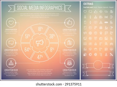 Infografik-Vorlage für Social Media und Elemente. Die Vorlage enthält die folgenden Symbole - Fernsehen, Filmstreifen, Getriebe, Megaphon, Social Network, Download und mehr. Modernes Minimalismus