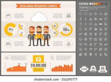 Social Media infographic template and elements. The template includes illustrations of hipster men and huge awesome set of thin line icons. Modern minimalistic flat vector design.