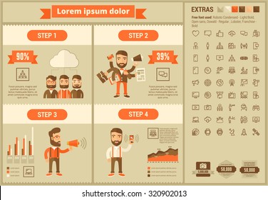 Social Media infographic template and elements. The template includes illustrations of hipster men and huge awesome set of thin line icons. Modern minimalistic flat vector design.