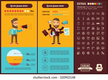 Social Media infographic template and elements. The template includes illustrations of hipster men and huge awesome set of thin line icons. Modern minimalistic flat vector design.