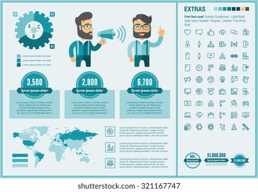 Social Media infographic template and elements. The template includes illustrations of hipster men and huge awesome set of thin line icons. Modern minimalistic flat vector design.