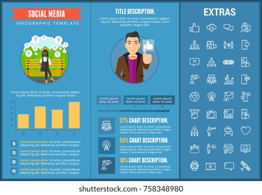 Social media infographic template, elements and icons. Infograph includes customizable graphs, charts, line icon set with social media, global network, electronic mail, internet technology etc.