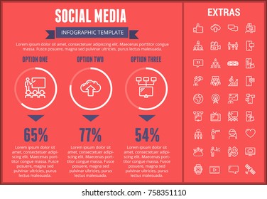 Plantilla de infografía de medios sociales, elementos e iconos. Infograph incluye gráficos personalizables, tres opciones, conjunto de iconos de línea con medios sociales, red global, correo electrónico, tecnología de internet, etc.