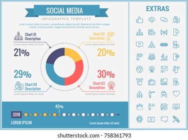 Plantilla de infografía de medios sociales, elementos e iconos. Infograph incluye un gráfico circular personalizable, un gráfico, un conjunto de iconos de línea con medios sociales, redes globales, correo electrónico, tecnología de internet, etc.