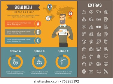 Social media infographic template, elements and icons. Infograph includes customizable graphs, charts, line icon set with social media, global network, electronic mail, internet technology etc.