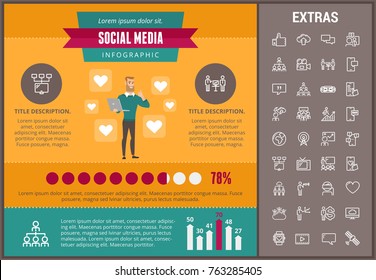 Social media infographic template, elements and icons. Infograph includes customizable graphs, charts, line icon set with social media, global network, electronic mail, internet technology etc.