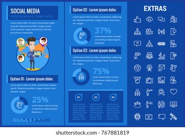 Infografische Vorlage, Elemente und Symbole sozialer Medien. Infograph beinhaltet anpassbare Grafiken, Diagramme, Zeilensymbole mit sozialen Medien, globalem Netzwerk, E-Mail, Internet-Technologie etc.