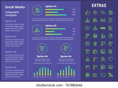 Social media infographic template, elements and icons. Infograph includes customizable graphs, four options, line icon set with social media, global network, electronic mail, internet technology etc.