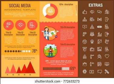 Infografische Vorlage, Elemente und Symbole sozialer Medien. Infograph beinhaltet anpassbare Grafiken, Diagramme, Zeilensymbole mit sozialen Medien, globalem Netzwerk, E-Mail, Internet-Technologie etc.