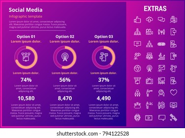 Social media infographic template, elements and icons. Infograph includes customizable graphs, three options, line icon set with social media, global network, electronic mail, internet technology etc.