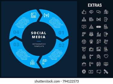 Social media infographic template, elements and icons. Infograph includes customizable circular diagram, line icon set with social media, global network, electronic mail, internet technology etc.
