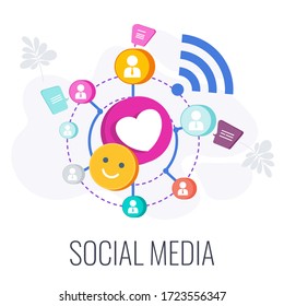 Social Media Infographics Pictogram. Global association of people of interest. Digital marketing Strategy. Successful business of company in market. Flat vector illustration.