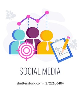 Social Media Infographics Pictogram. Virtual community, groups and publics. Digital marketing Strategy. Successful business of company in market. Flat vector illustration.