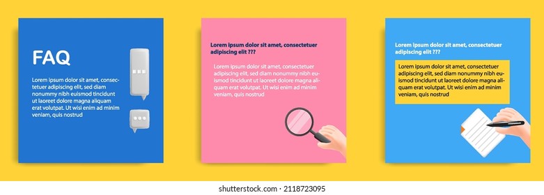 Social media informative FAQ post banner template layout design in 3D cartoon style, multicolor background with bubble chat, hand, magnifier glass, document. Vector illustration